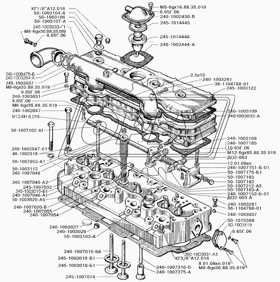 Головка блока цилиндров, клапаны и толкатели двигателя Д-245.9Е2